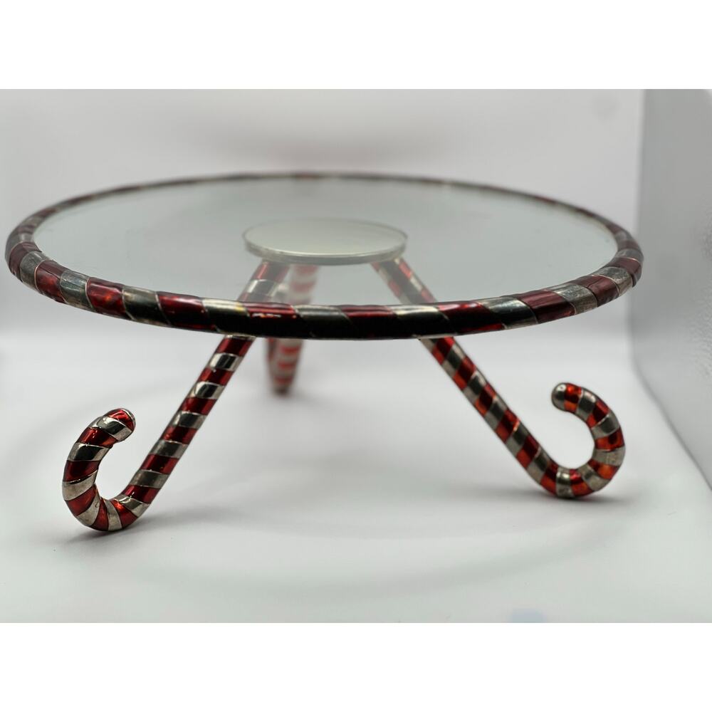 Festive Candy Cane Metal & Glass Holiday Cake Stand / Riser – 12” Round